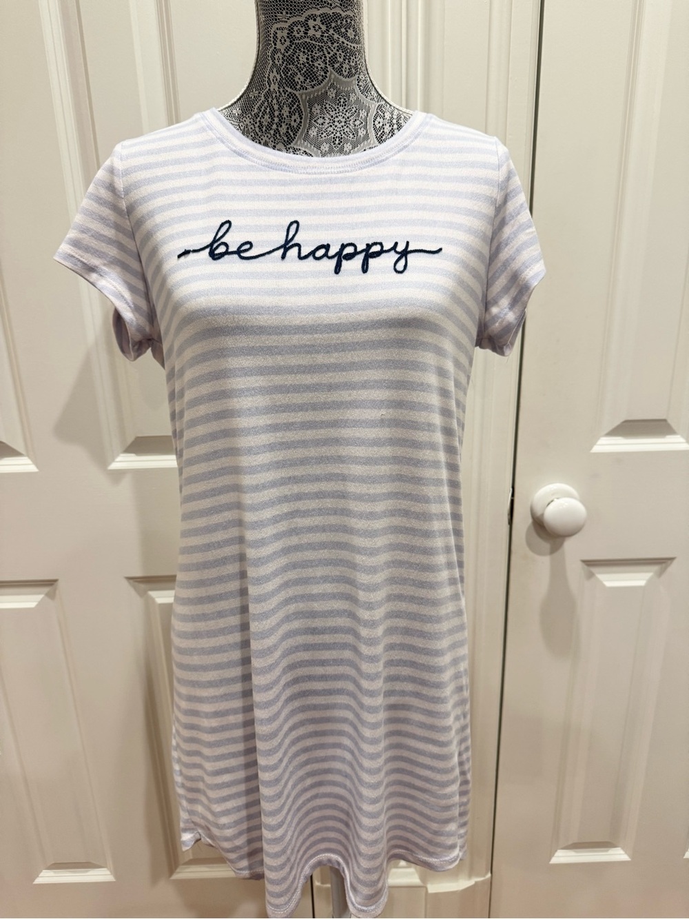Laura Ashley Be Happy Striped Tee Dress - Light Blue & White Size M Cottagecore